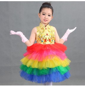 Rainbow colored tutu skirt girls kids child children turtle neck sleeveless modern dance performance school play show jazz dance costumes outfits dresses